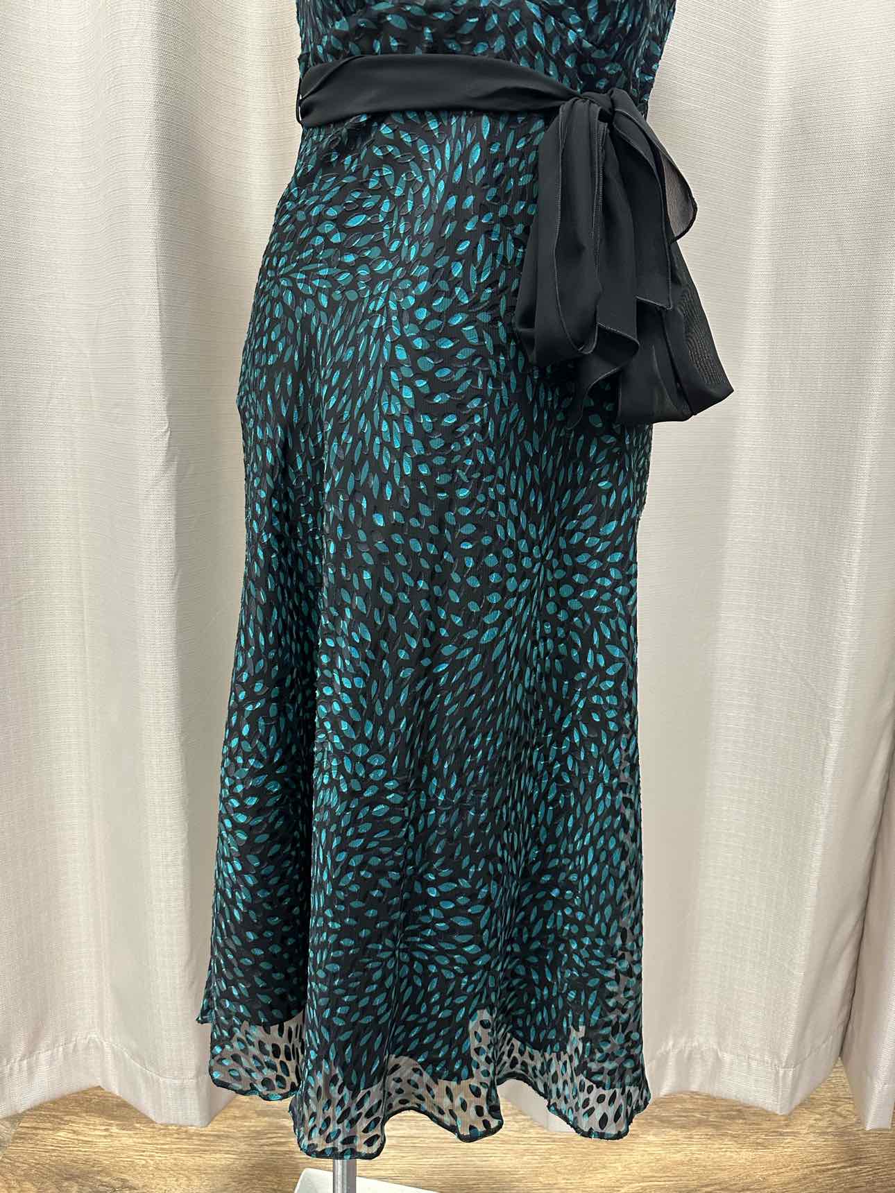 Karen Millen Flowy Print Design Belted Size 14 Black/Teal Dress