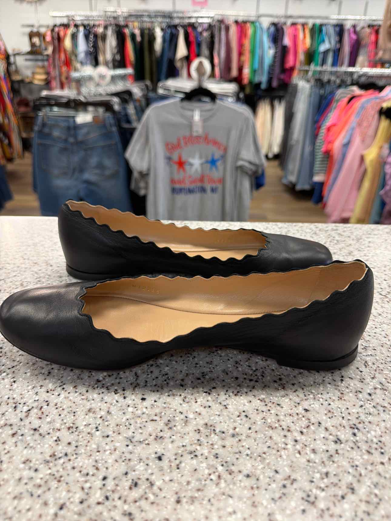 Chloe Size 37 1/2 Lauren Scalloped Leather Ballet Flats Black Shoes