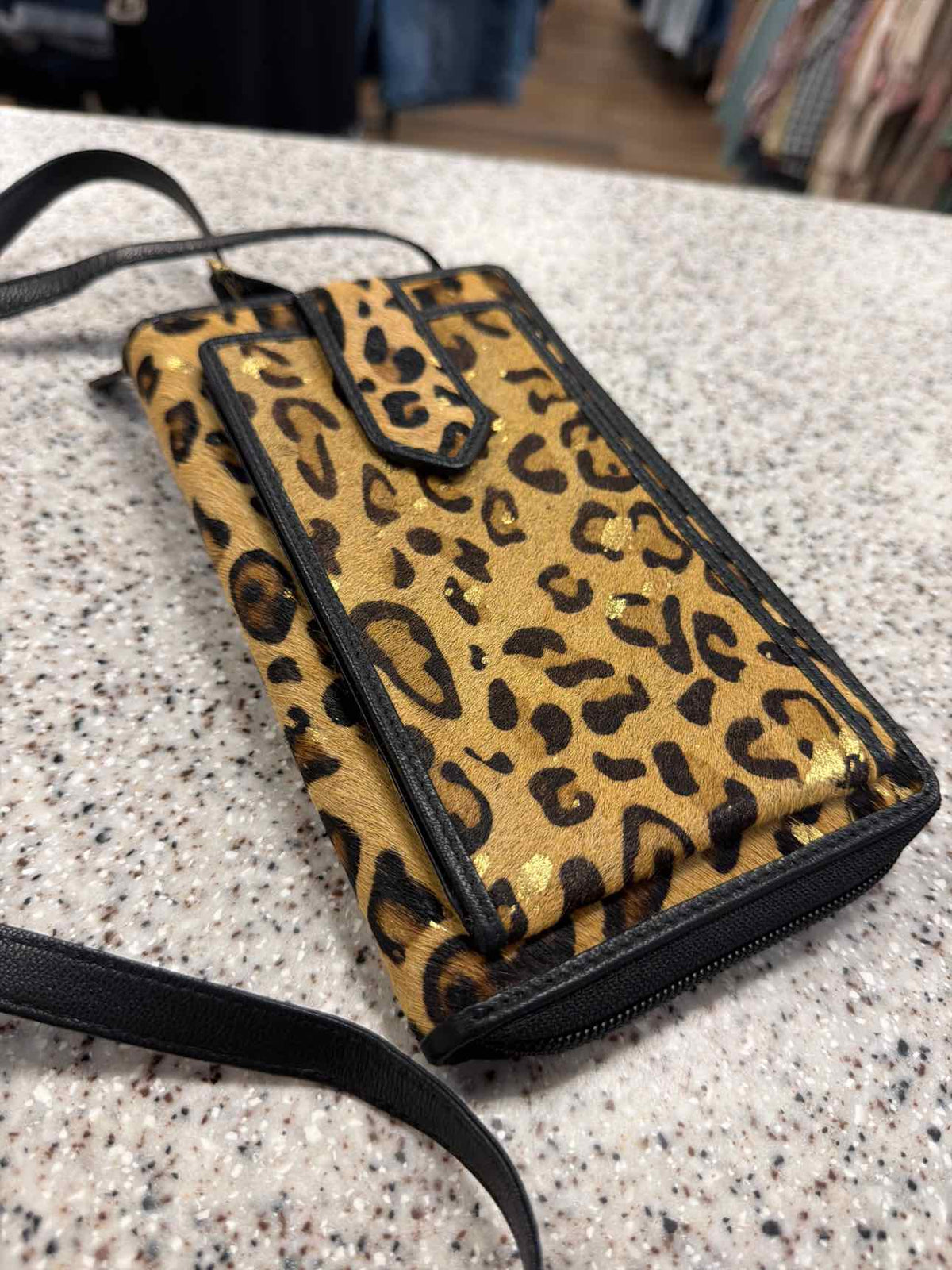 Faux Fur Cheetah Print and Black Leather Trim Crossbody Handbag