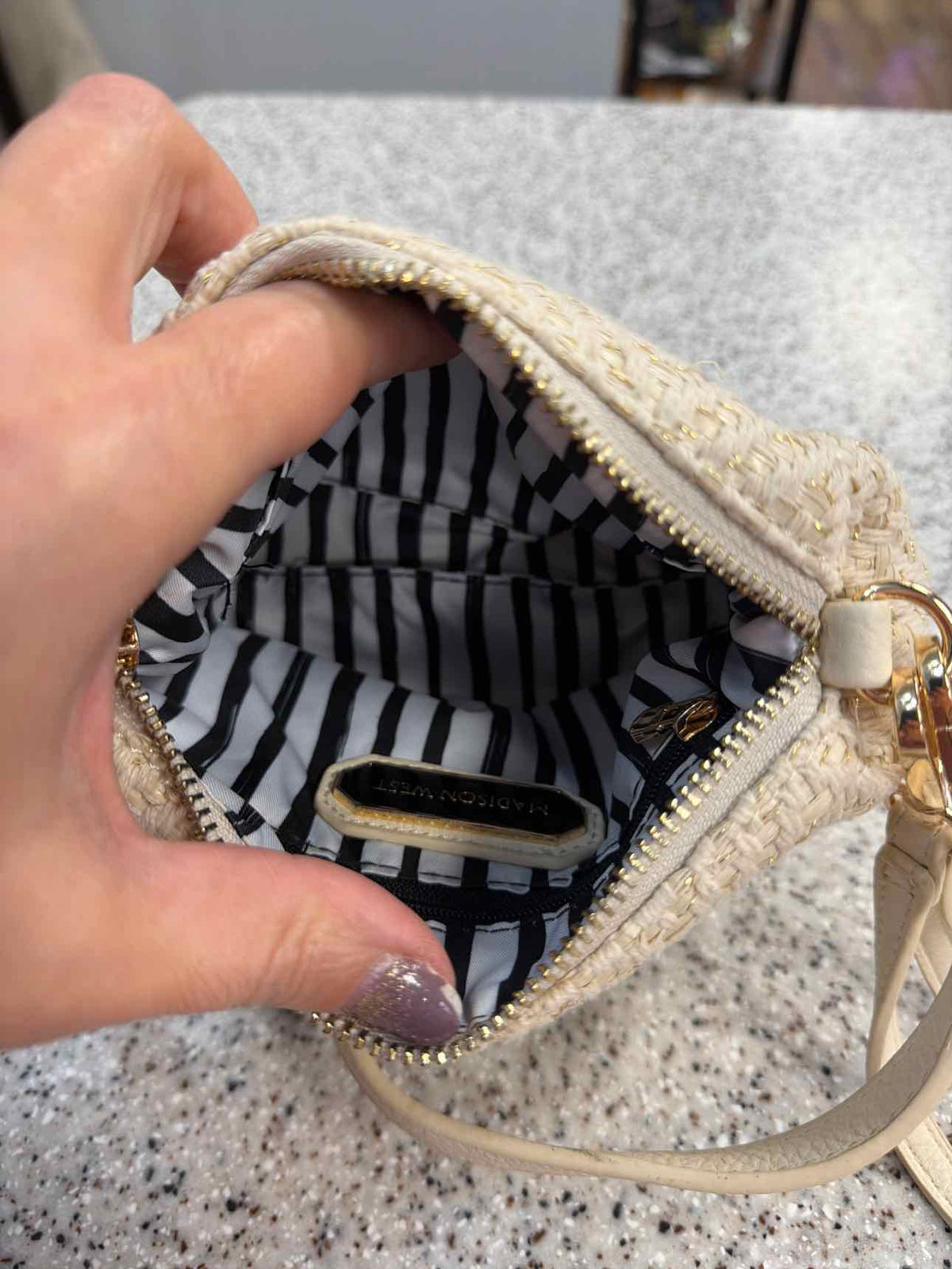 Madison West Cream Woven Canvas Gold Shimmer Crossbody Wristlet