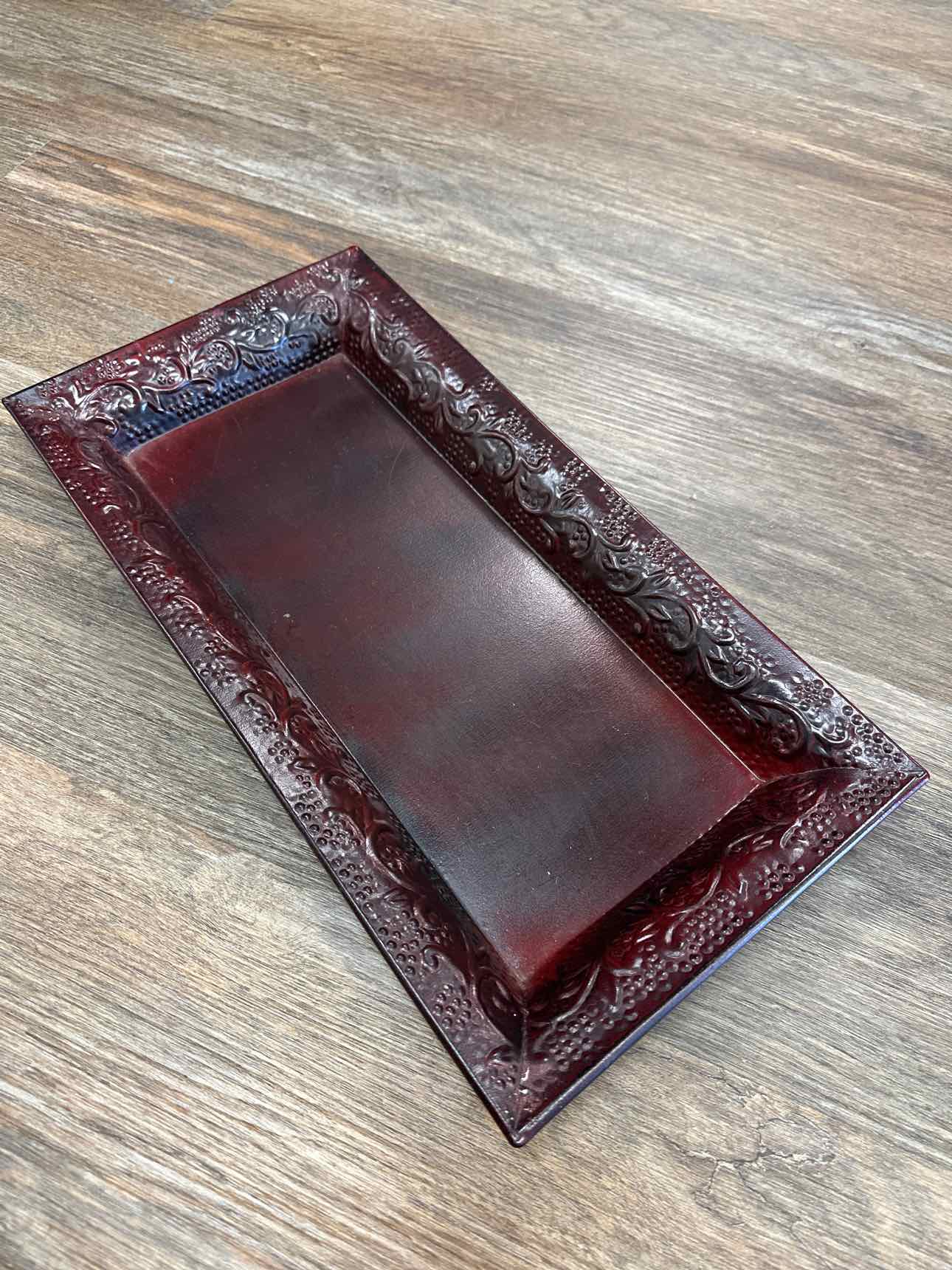 Metal Decorative Embossed Floral Pattern Tray Maroon Home Decor