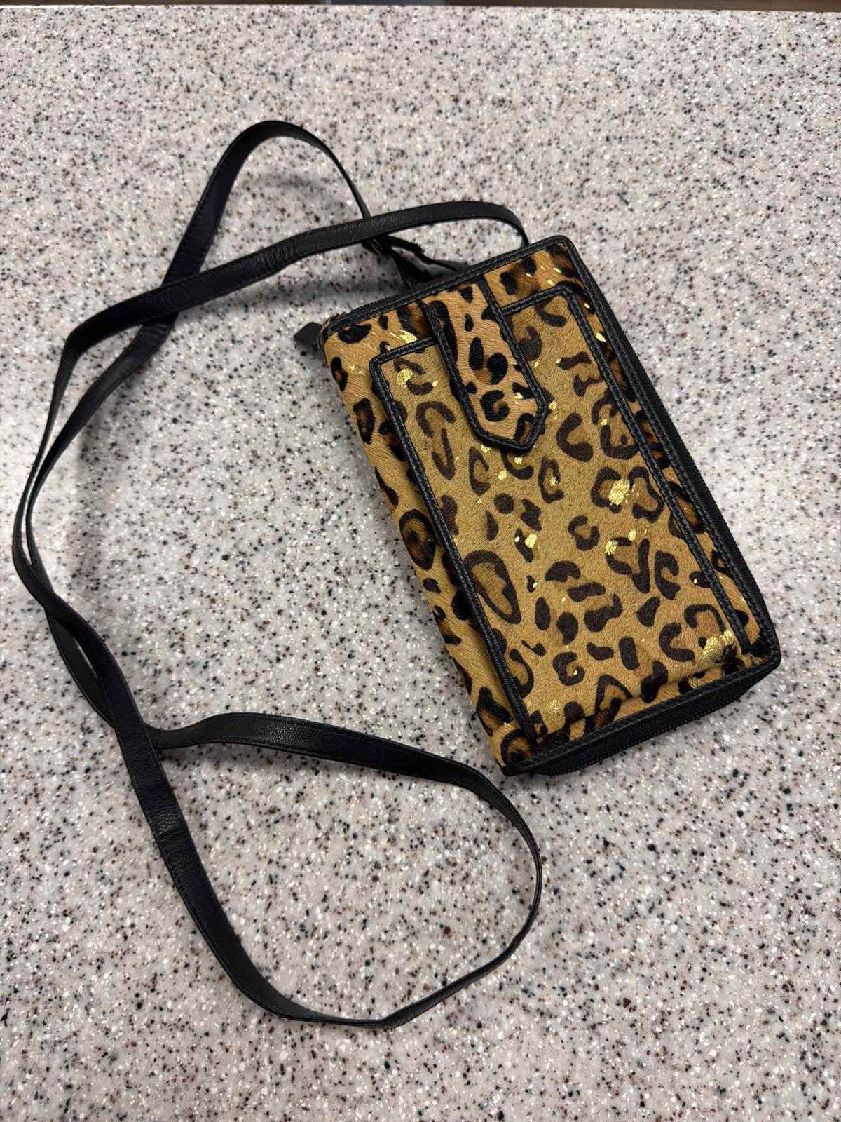 Faux Fur Cheetah Print and Black Leather Trim Crossbody Handbag
