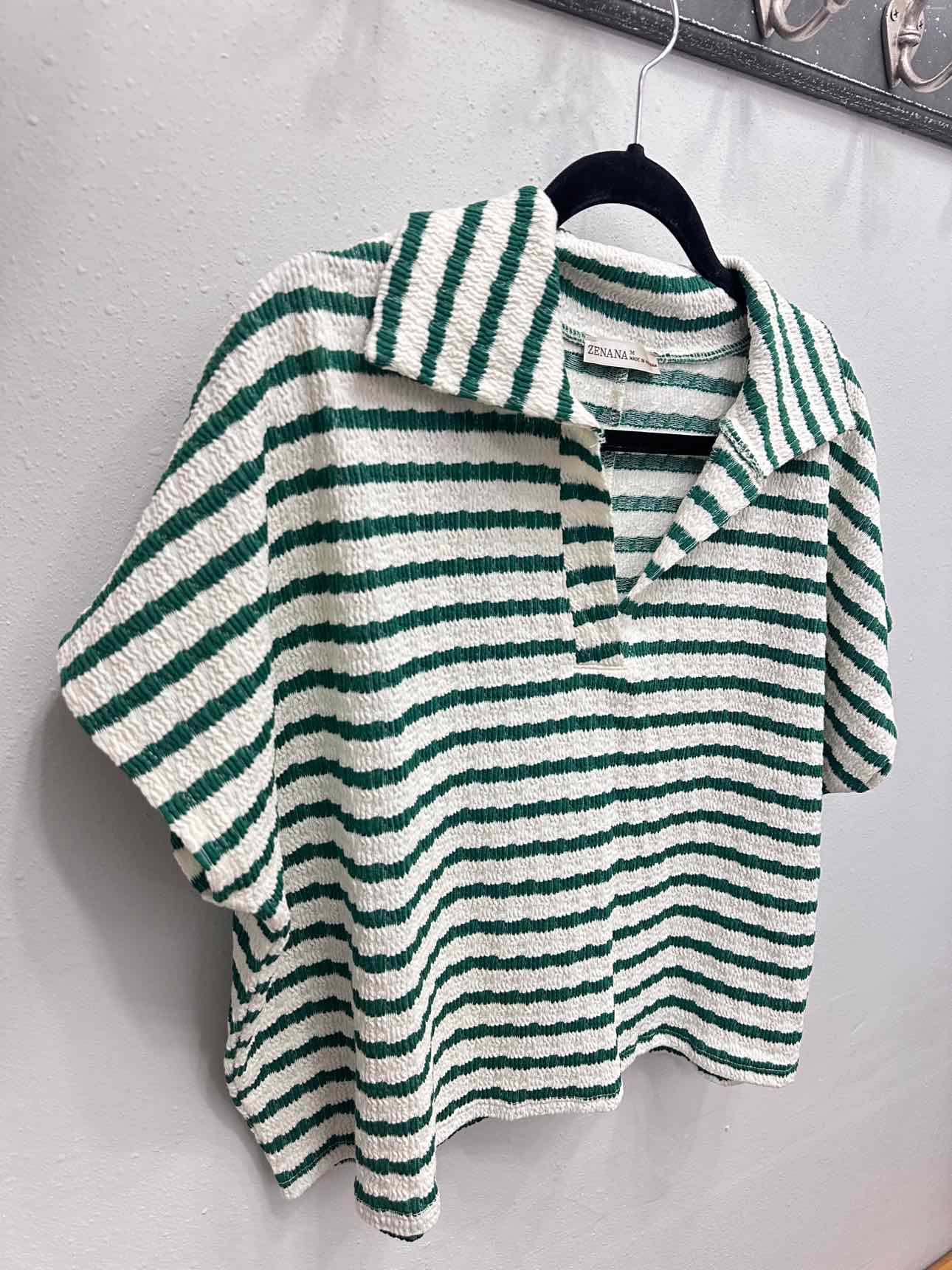 Zenana Size Striped Short Sleeve Collar Cropped Top