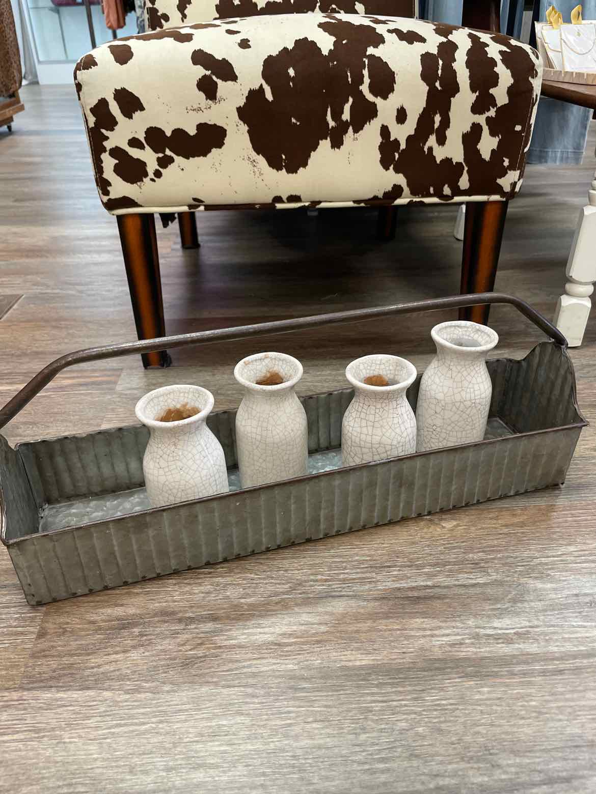 Rustic Metal Tote with 4 Crackle Bud Milk Jug Ceramic Bottles Home Decor