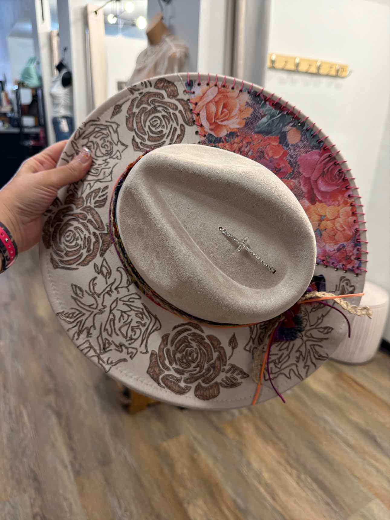 Custom handmade burned cowgirl cowboy hat with rose burnished patch and ribbon