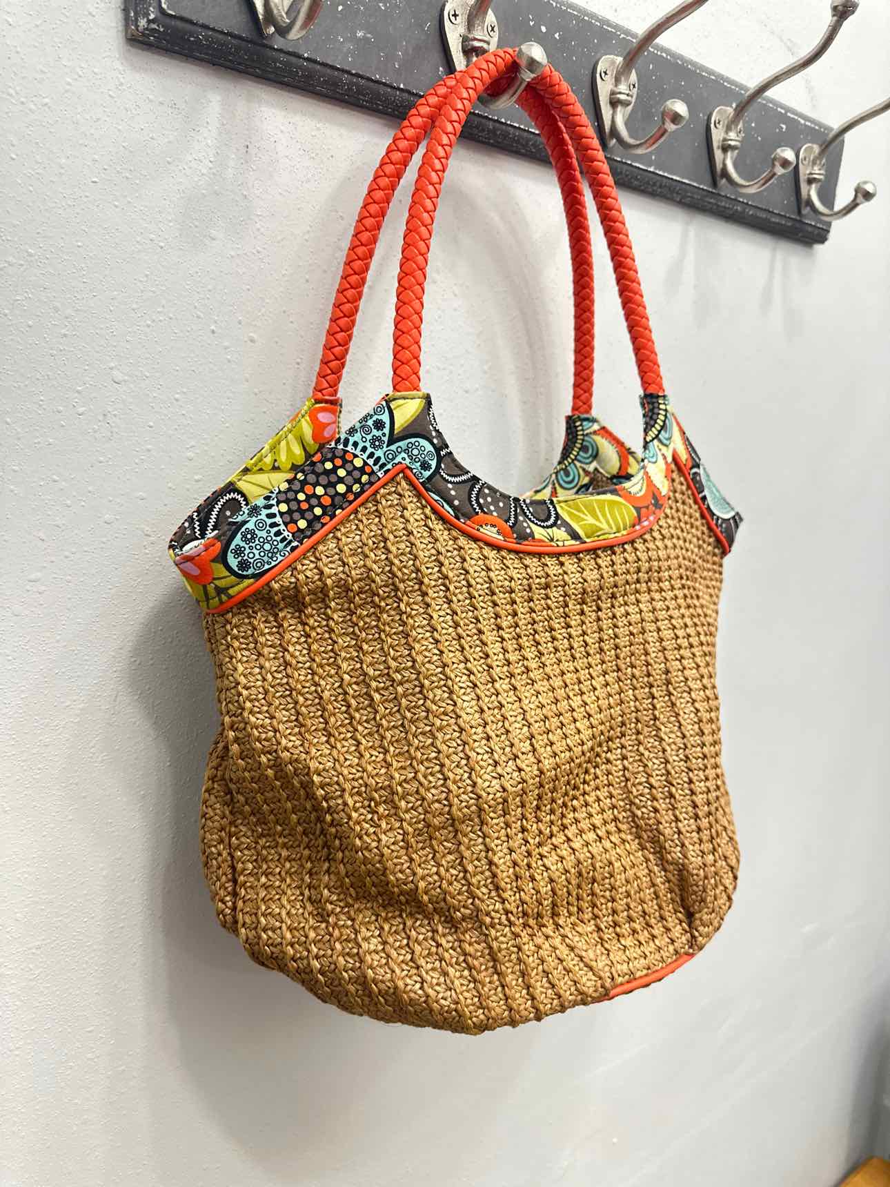 Vera Bradley Straw Bucket Tote Floral Pattern Brown and Orange Trim Handbag