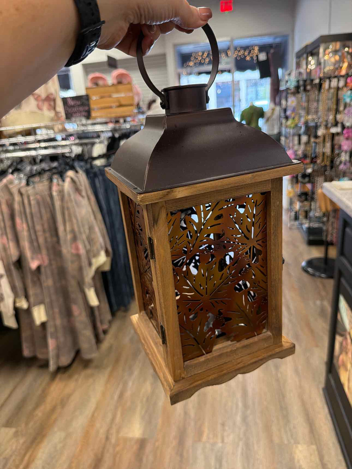 Acorns and Fall Leaves Metal and Wood Lantern Candle Holder Household