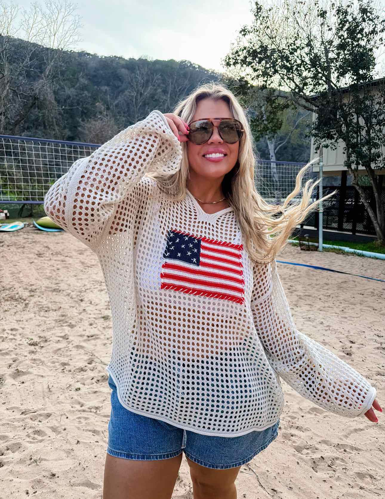 Freedom Flag Patch Crochet Pullover Patriotic 4th of July Flag Hoodie