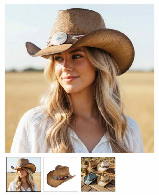 Straw Cowboy Hat With Beaded Band & Turquoise Concho