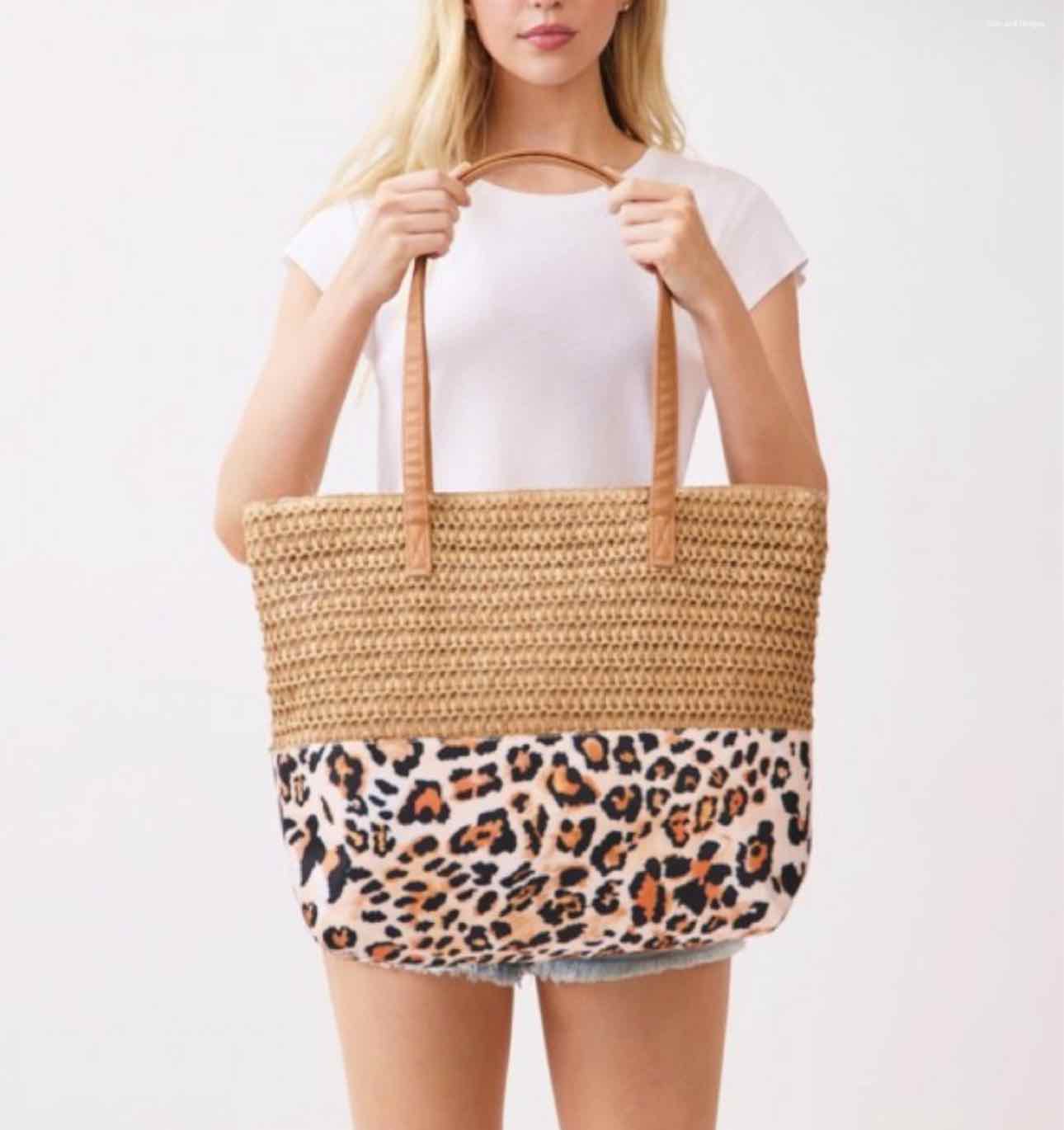 Leopard Print Straw Shoulder Summer Tote Beach Bag