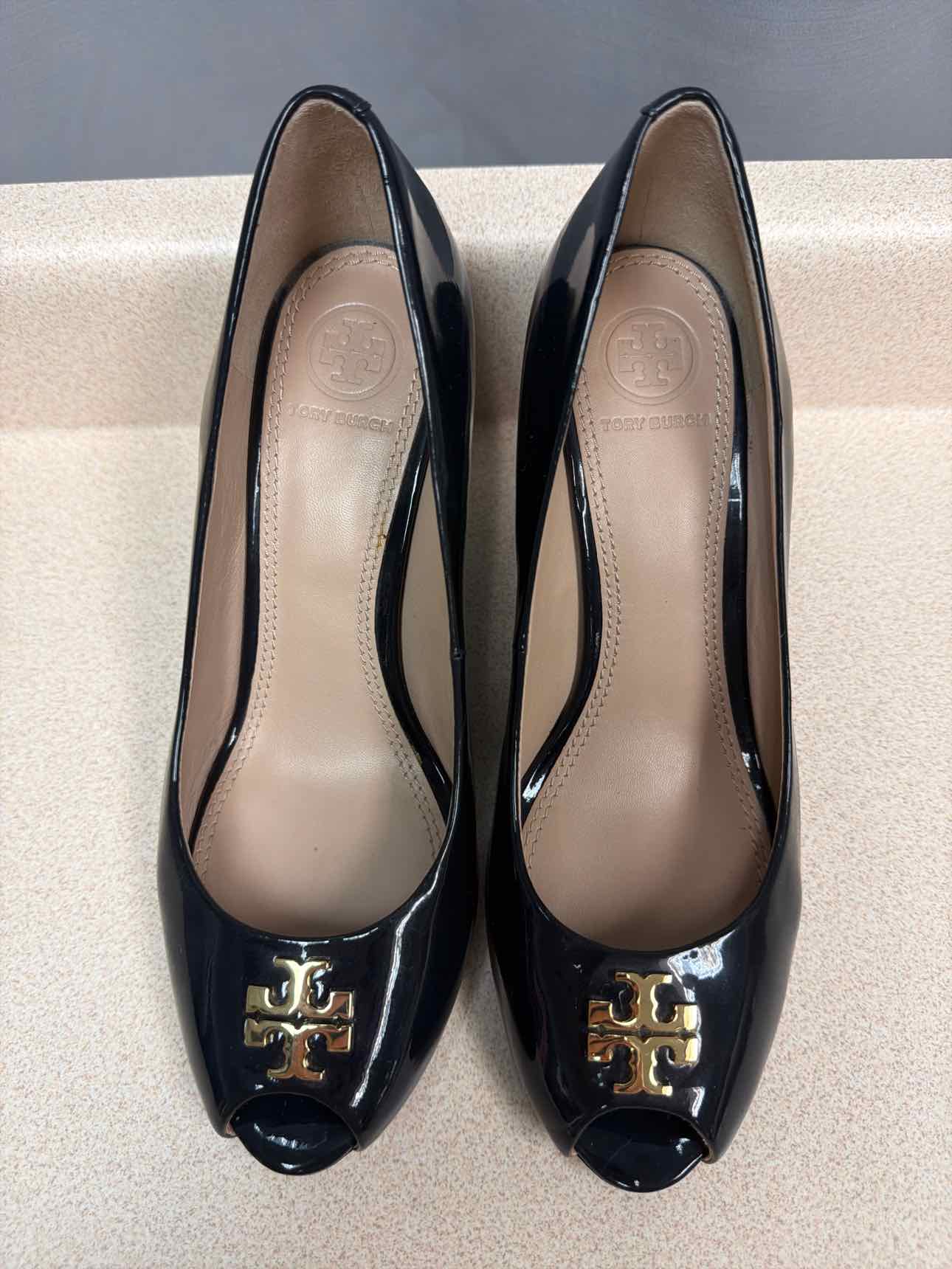 Tory Burch Size 7.5 patent leather wedge, peep toe slip on Black Sandals Shoes