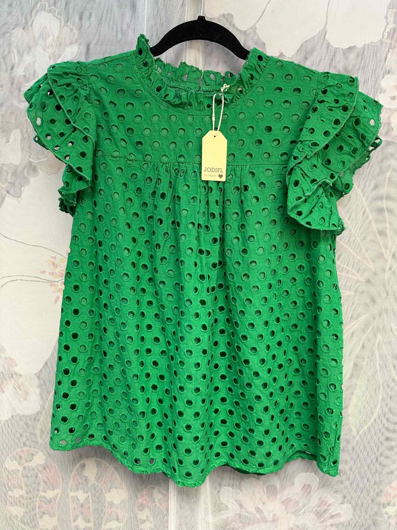 Jodifl NEW NWT Dot Embroidered Ruffle Short Sleeve Mock Neck Large Green Top