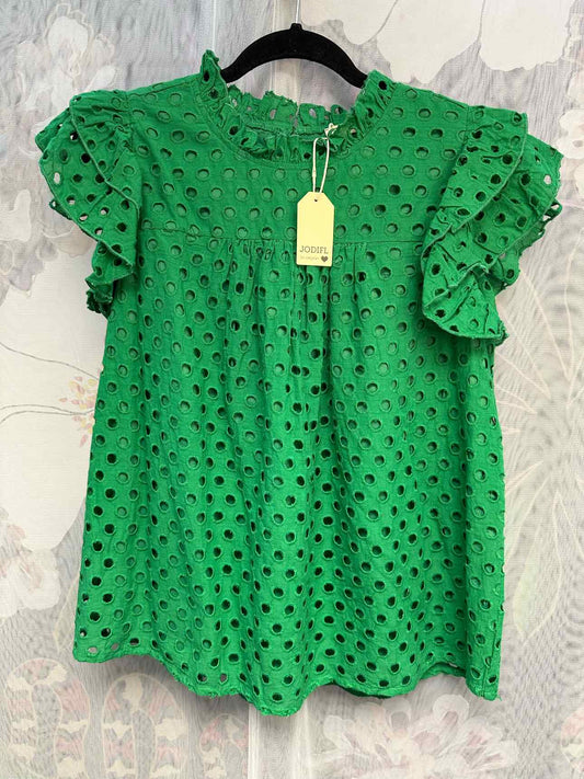 Jodifl NEW NWT Dot Embroidered Ruffle Short Sleeve Mock Neck Large Green Top