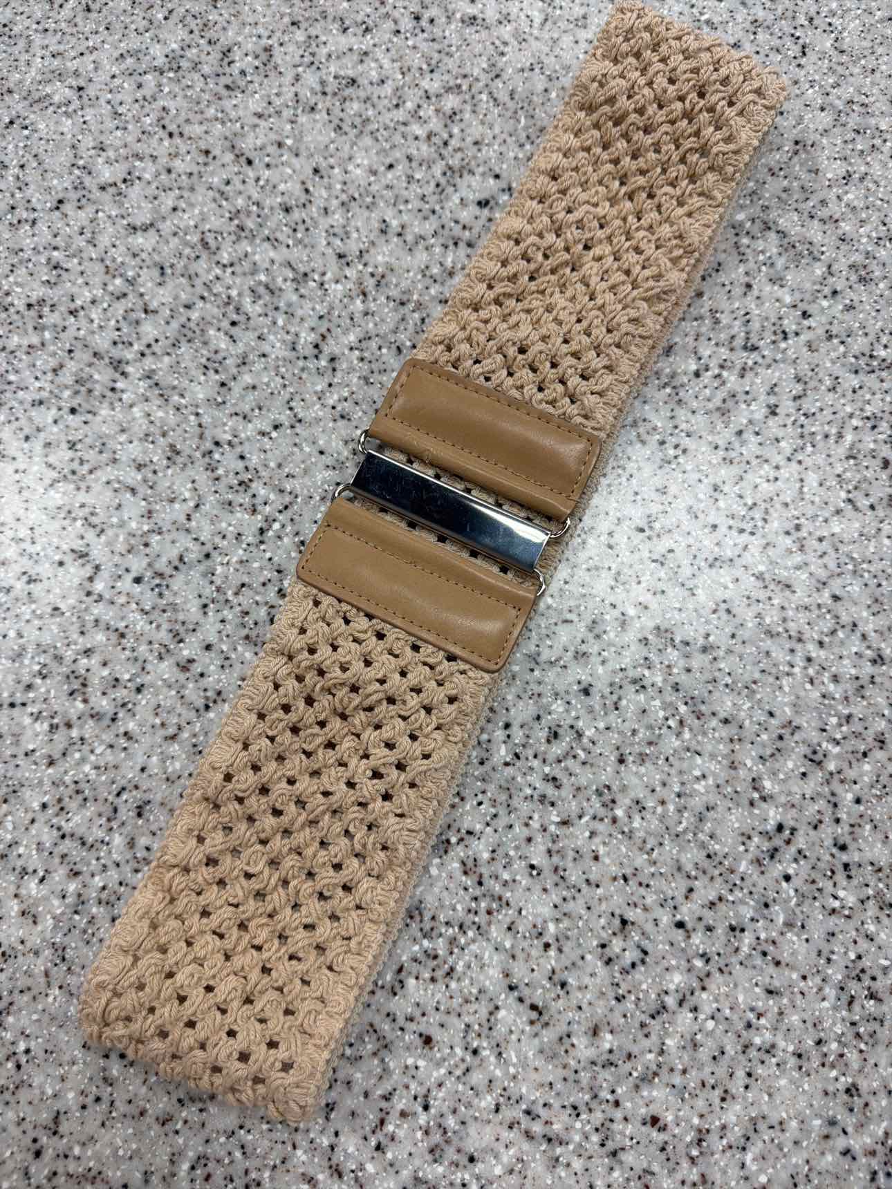 Wide Elastic Stretch Belt Faux Leather Trim, Silver-Tone 16" Beige Belt