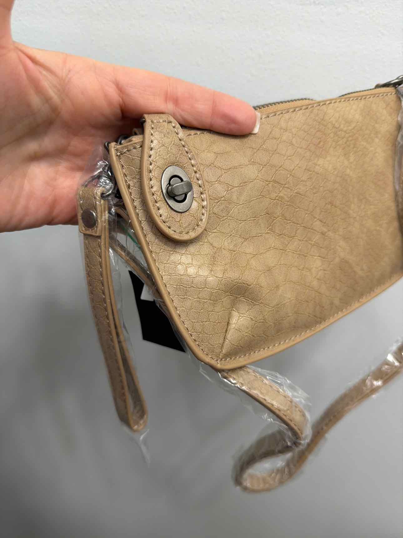 Joy Susan Small Slim Clutch Crossbody Tan Twist Lock Wristlet Handbags