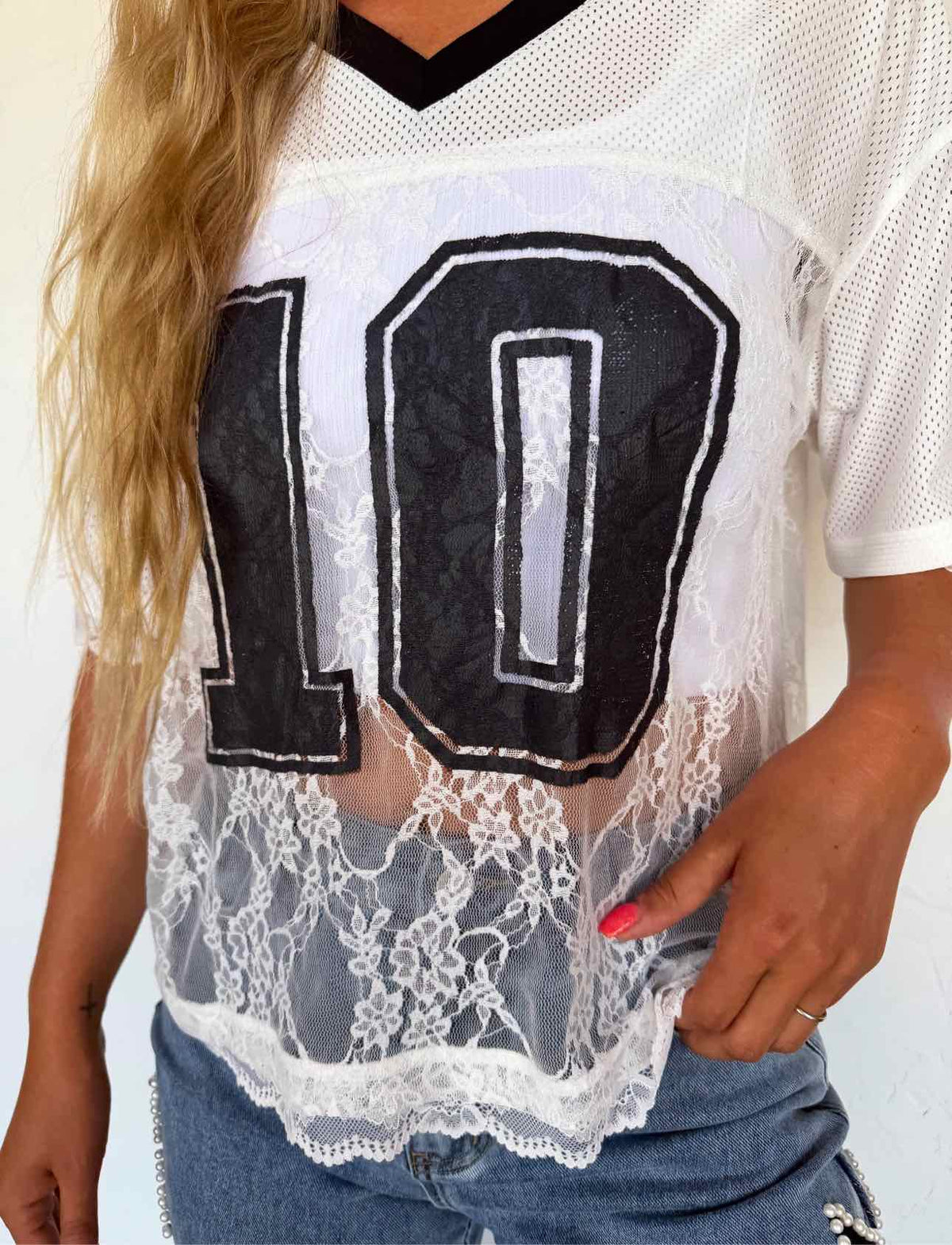 Bleacher Babe Game Day Lace Jersey Short Sleeve Top