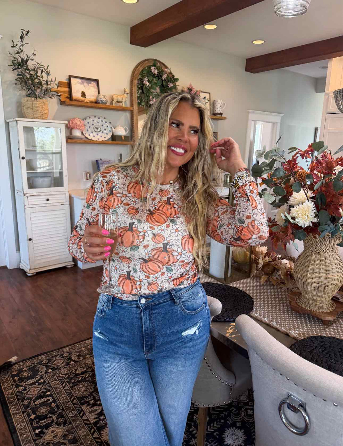 Harvest Bloom Pumpkin Fall Long Sleeve Mesh Top