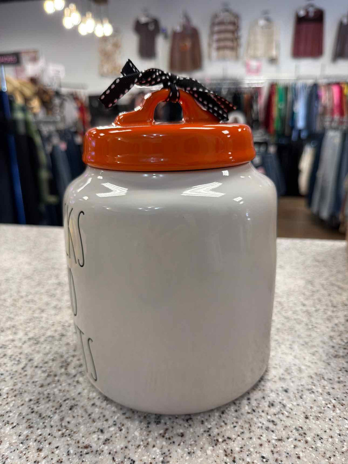 Rae Dunn NEW "Tricks and Treats" Halloween Ceramic Cookie Jar and Lid Household