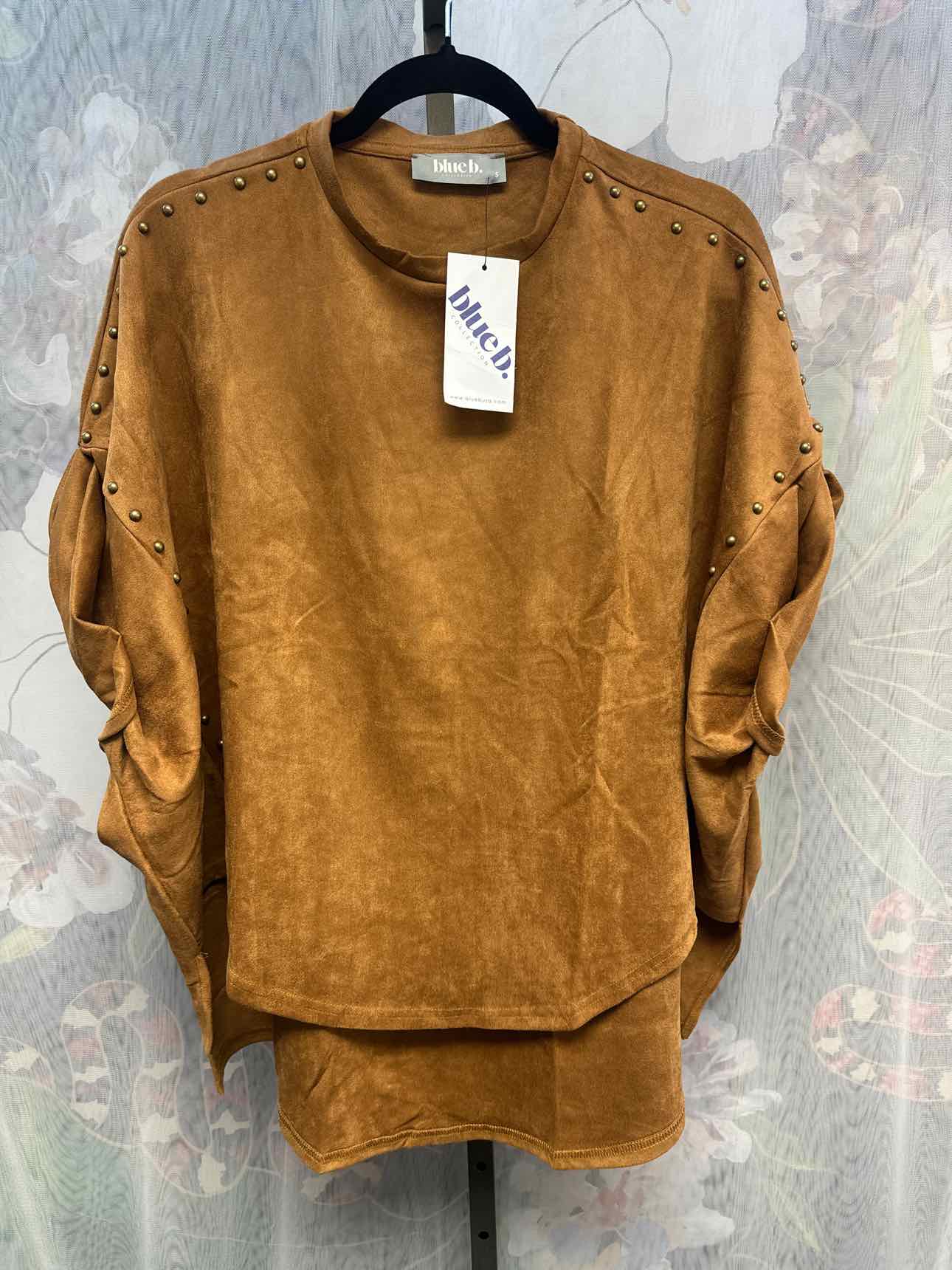 Blue B Studded High Low Oversized Suede-Like Fabric Short Sleeve Camel Top