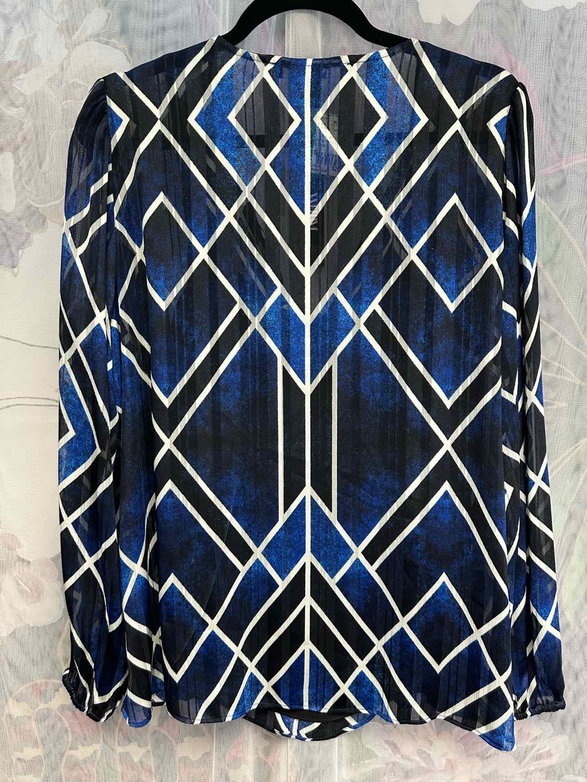 WHBM NEW NWT Sheer Layered Long Sleeve V-Neck Blouse Size Large Black/Blue Top