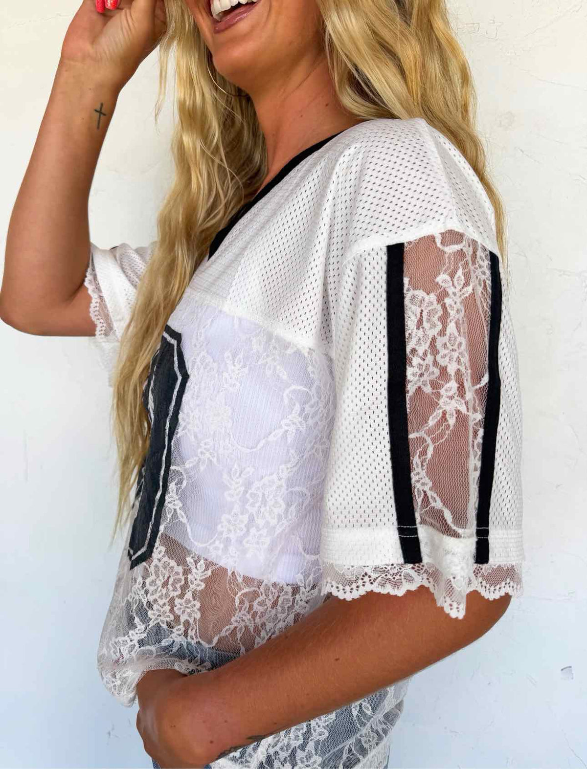 Bleacher Babe Game Day Lace Jersey Short Sleeve Top