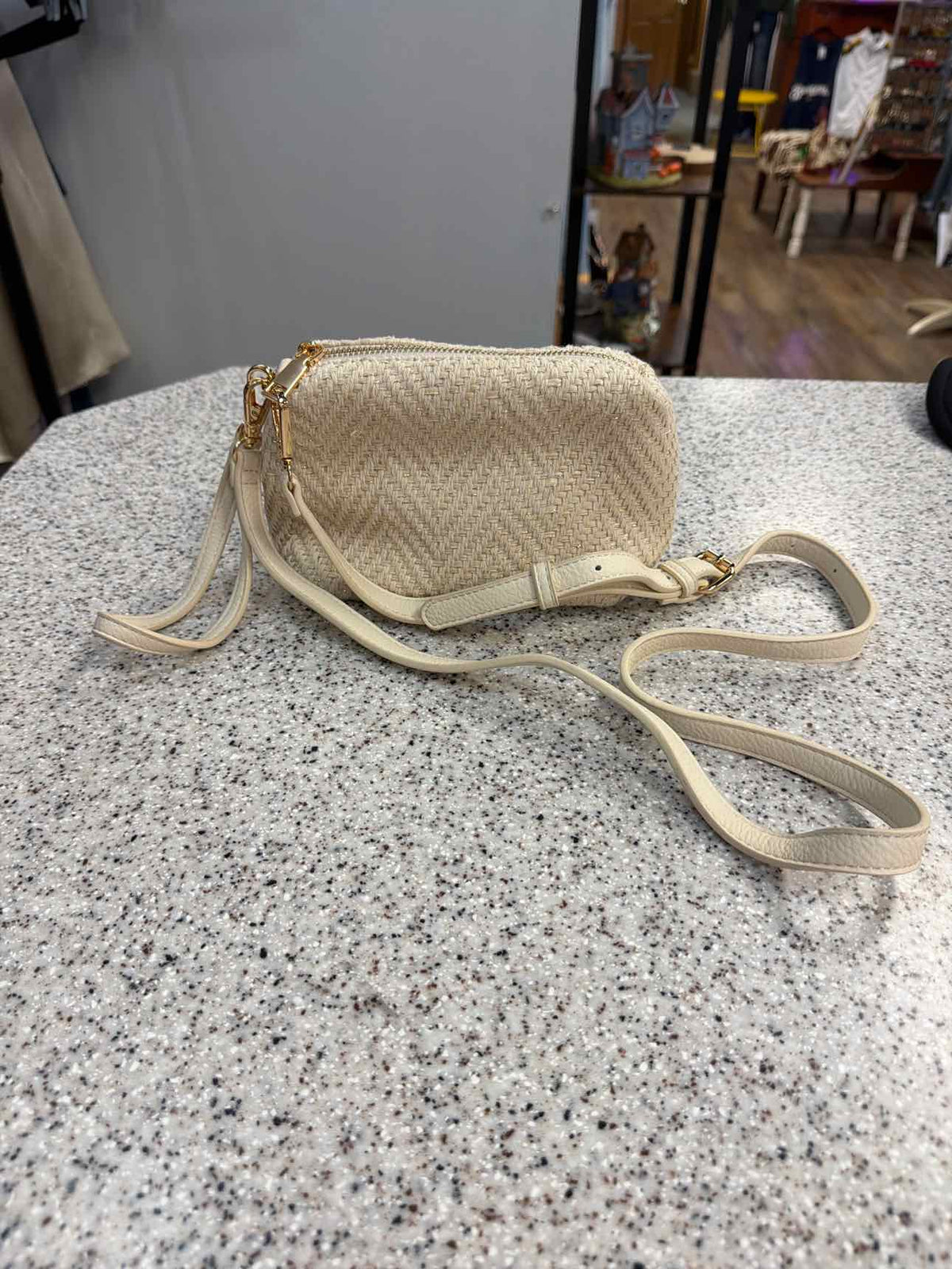 Madison West Cream Woven Canvas Gold Shimmer Crossbody Wristlet