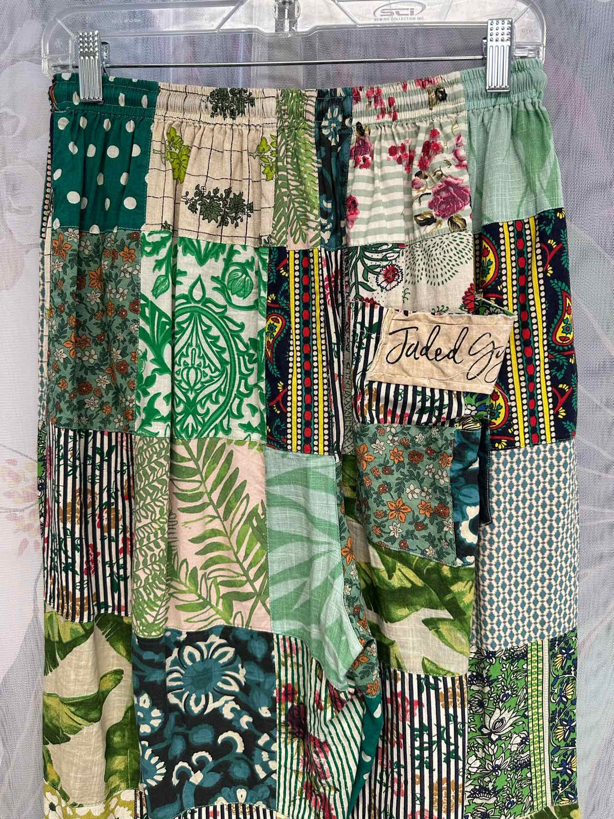 Jaded Gypsy Patchwork Drawstring Waist Loose Fit Wide Leg Size L/XL Green Pants