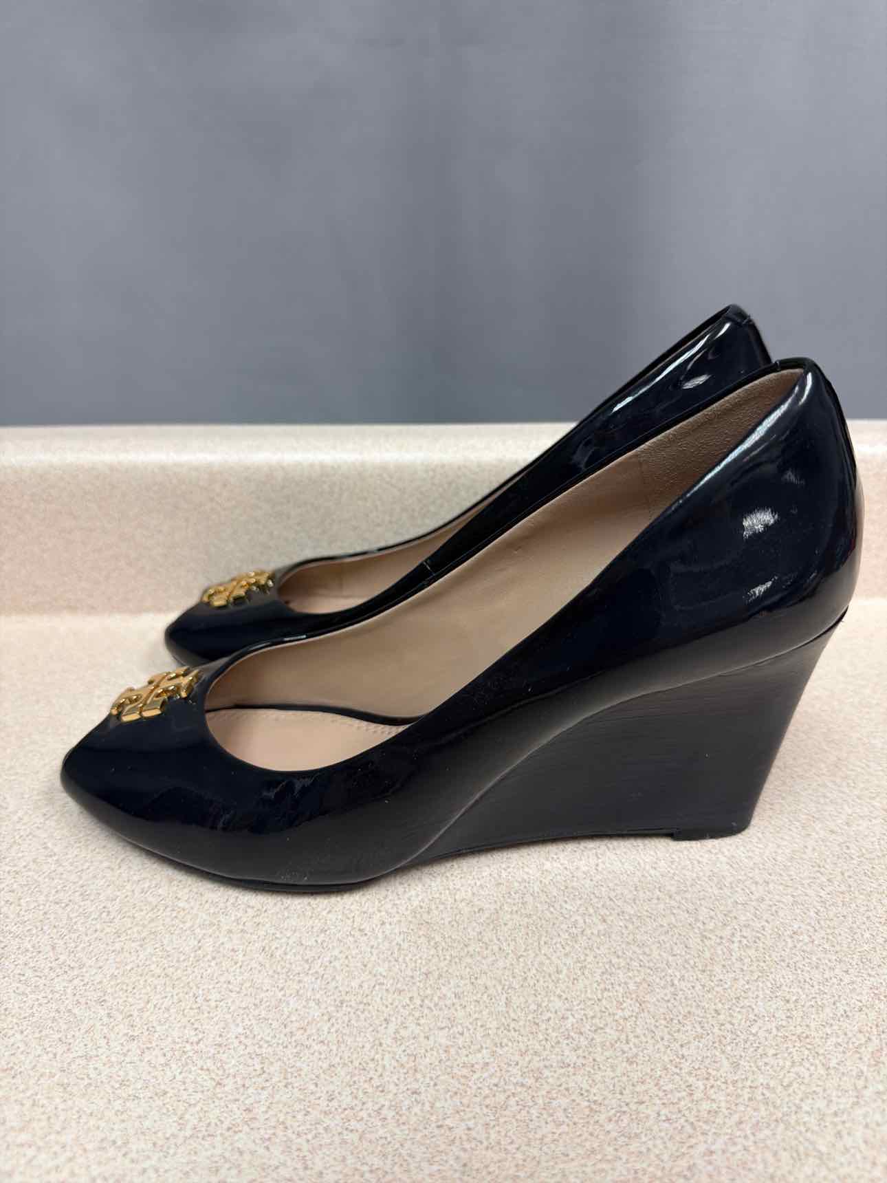 Tory Burch Size 7.5 patent leather wedge, peep toe slip on Black Sandals Shoes