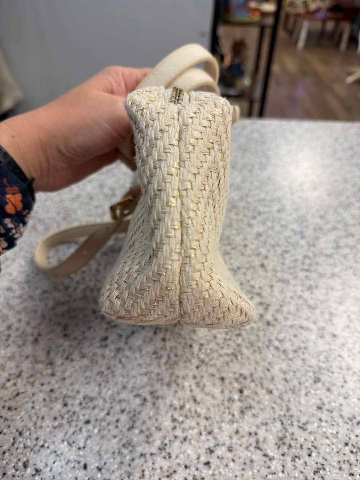 Madison West Cream Woven Canvas Gold Shimmer Crossbody Wristlet