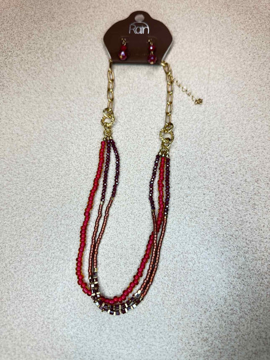 Raspberry Beads Layering Adjustable Necklace Earrings Gold-Tone Set