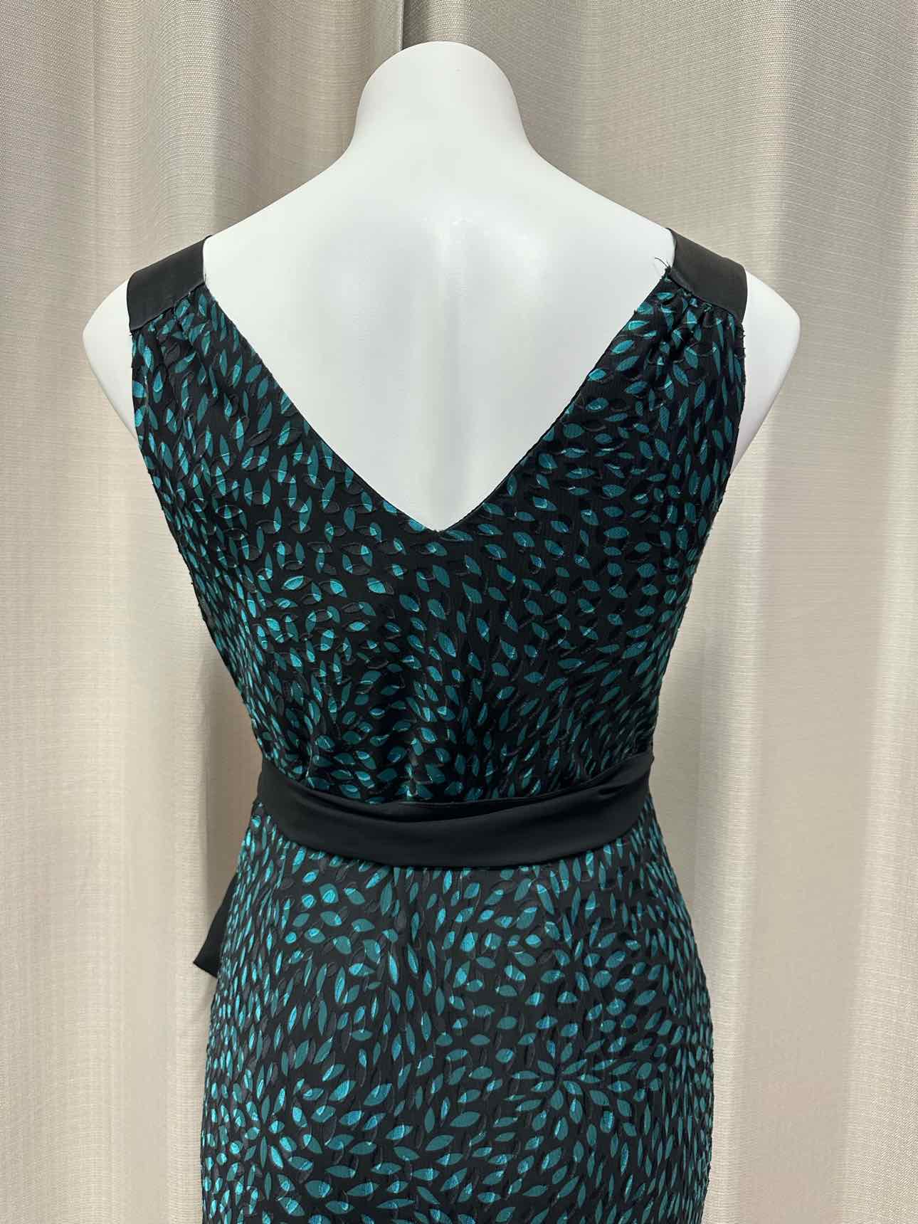 Karen Millen Flowy Print Design Belted Size 14 Black/Teal Dress