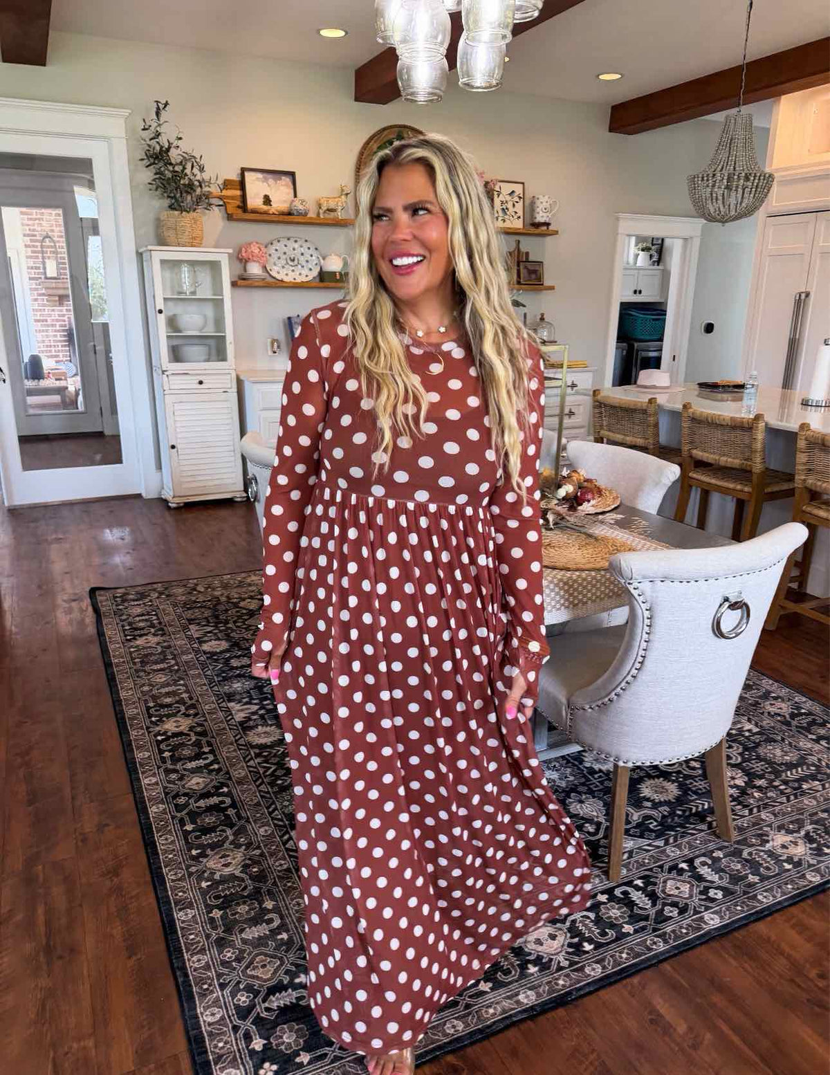 Countryside Print Mesh Dress Long Sleeve Maxi